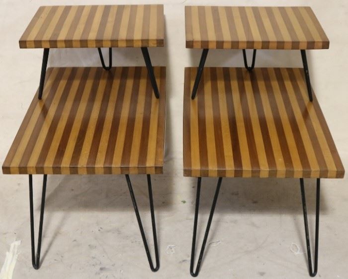 Pair inlaid hairpin leg step down tables