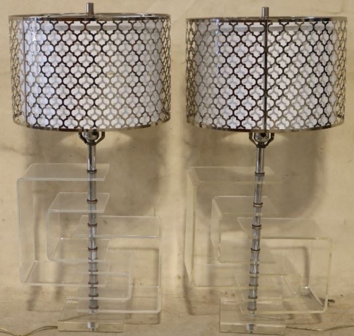Pair geometric acrylic table lamps
