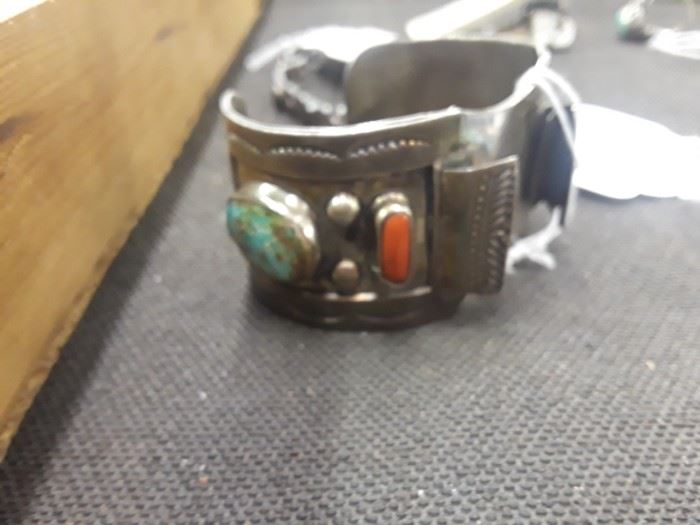 Sterling, Turquoise, Coral Watch Band 