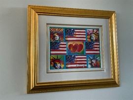 Peter Max Patriotic Series: 4 Liberties, 4 Flags and 2 Hearts. Comes with appraisal.