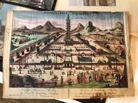 18th century Georg Balthasar Probst hand-colored engraving of the "Porcelain Tower of Nanking"
