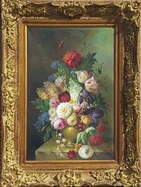 Art Oil On Canvas Floral Still Life in Vase with Tulips and Ornate Frame