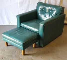 Furniture Mid Century Teal Leather Block Chair Ottoman