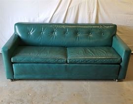 Furniture Mid Century Teal Leather Block Sleeper Sofa