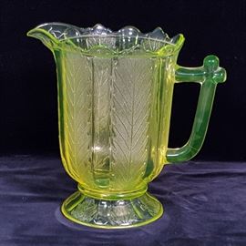 Glass Vaseline Leaf And Rib Pitcher