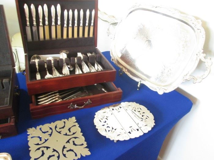 Large Silver Plate Tray with Handles.                                           Silver Plate Flatware Set in Chest by 1847 Rogers Bros.  "St. Moritz" aka "Queen Ann"