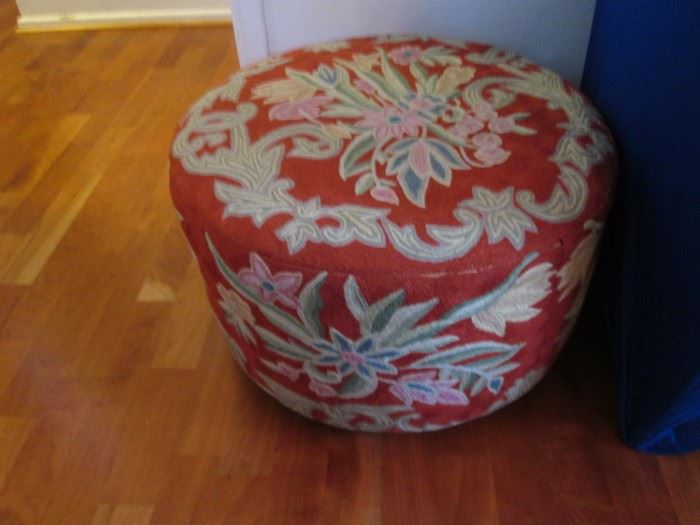 Ottoman Upholstered in Crewel Embroidered Fabric, Kashmir