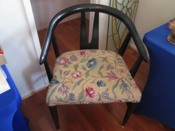 Asian-Flair Arm Chair on Casters with Crewel Embroidered Fabric on Seat
