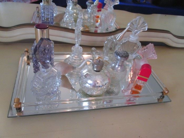 Lovely Assortment of Collectible Perfume Bottles and a Glass with Gallery Dresser Tray