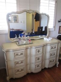 French Provincial Dresser/Mirror by Bassett, 2-Tone with Ornate Design.  64" X 20"