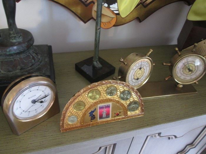 Desk Clock, Barometer Set and a Korean Souvenir with Coins, Stamp and Emblems
