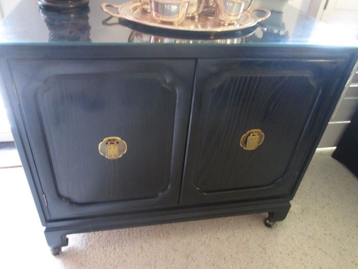 2-Door Ebony Lacquered Chest on Casters with Glass Top and Asian-Style Hardware
