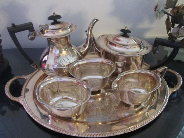 Art-Deco-Style Silver Plate Coffee/Tea Set bySheffield: Coffee Pot, Tea Pot, Creamer, Sugar, Bowl and Tray
