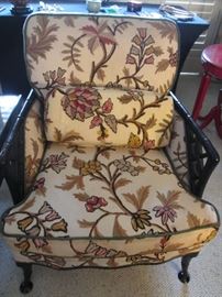 Pair of Wonderful Lounge Chairs with Bamboo-Design Frames and Crewel Wool Embroidered Fabric Upholstery.