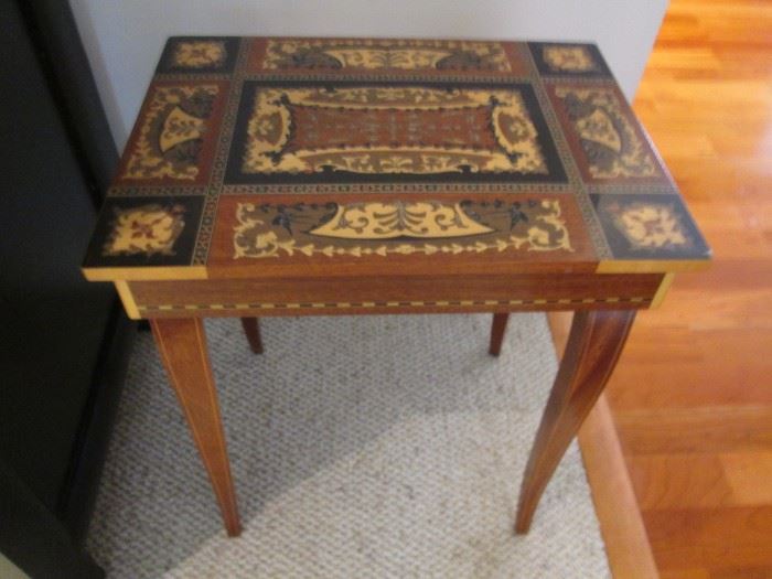 Inlayed Wood Sewing/Jewelry Table, Hinged, Musical