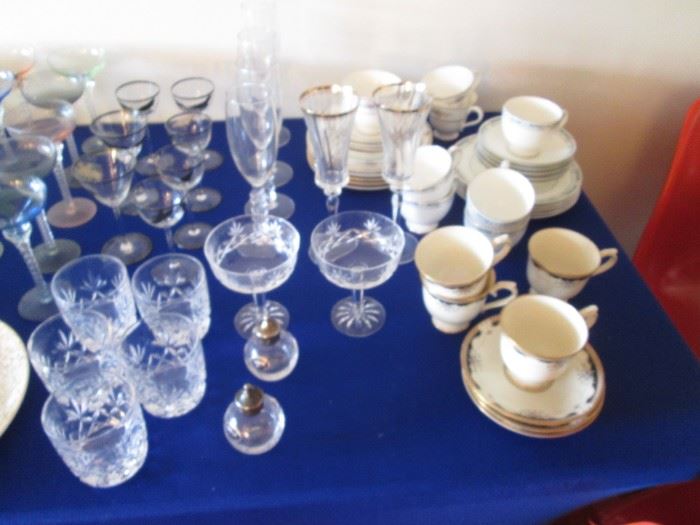 3-Wedgwood Dessert Sets, Cups/Saucers and Some Plates.  Nice Assortment of Glassware & Stems