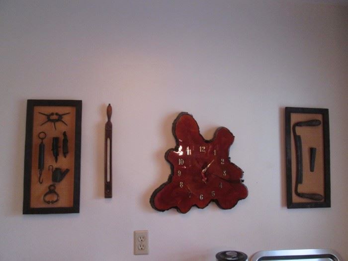 Wall-Mount Clock.  On either side are Shadow Box Frames with Old Tools inside