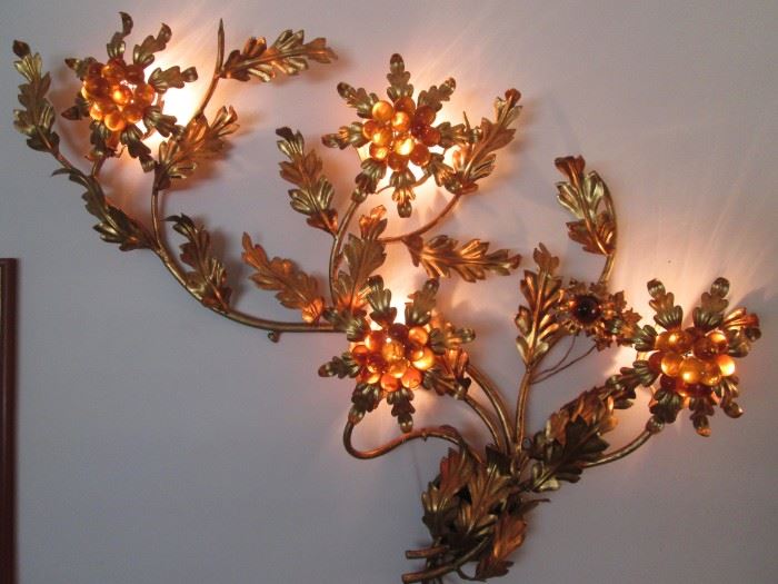 Stunning MCM, Hollywood Regency-Style Wall Sconce.  Amber Glass Lights