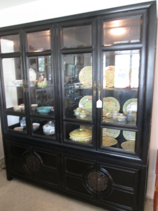 Asian-Style Double Wide Ebony China Cabinet by Mayo Furniture Co., 72" X 18" X 80"