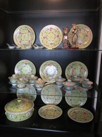 Chinese Porcelain Dish Set:  11 Plates, Individual Covered Soup Bowls on Stands with Covers and Covered Serving Bowl; Chinese Spoons Kang Sui Period 