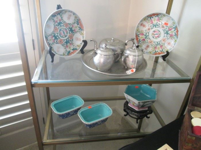 Antique "Kut Hing" Pewter Swatow Tea Set:  Tea Pot, Creamer, Sugar, Tray.  Chinese Porcelain Plates, Flower Pots