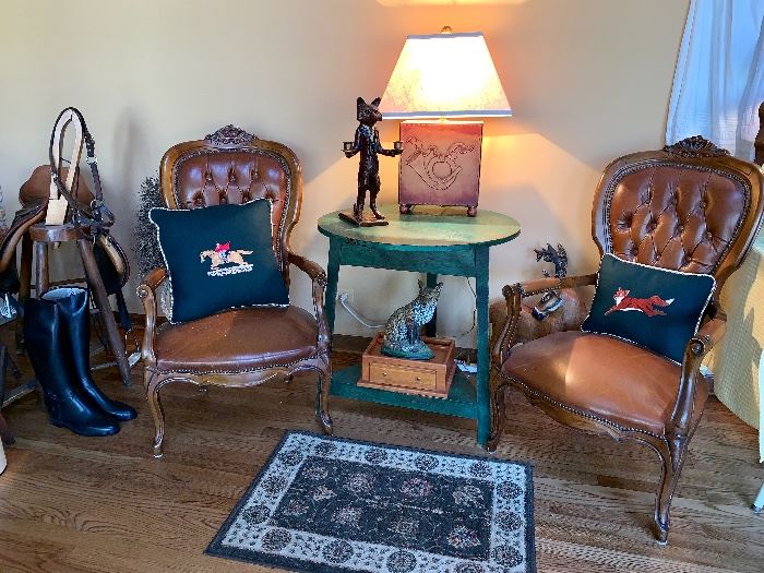 Matching leather parlor side chairs, green painted table, fox hunt lamp and pillows and misc. fox items 