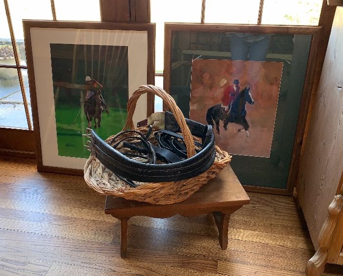  Polo horse pictures, small wooden stool and leather horse reigns  