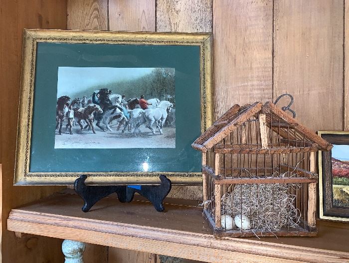  Fox hunt picture and vintage wooden birdcage 
