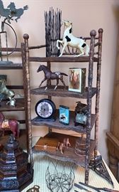  Vintage four tier bookshelf filled with miscellaneous horse items. 