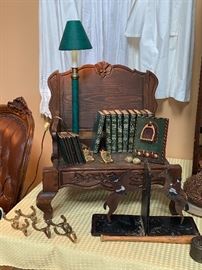  Vintage wooden child’s seat, vintage books and 6 brass horseshoe hooks 