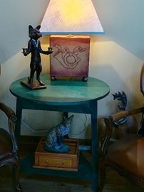  Green painted side table, Fox Hunt lamp, fox candlestick, fox and box