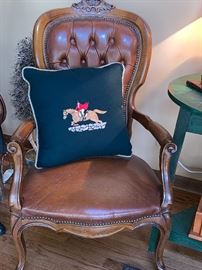  Second matching leather chair and fox hunt pillow 