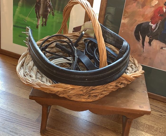  Small wooden stool, basket and leather horse rains 