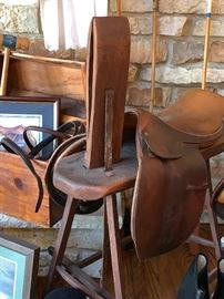 1 of 2 Vintage wooden Bridle-Maker's stands and leather saddle