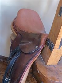  Another leather saddle and vintage wooden leather holder 