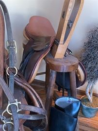 1 of 2 Vintage wooden Bridle-Maker's stands and leather saddle 