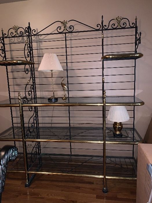 Stunning vintage wrought iron bakers rack with brass trim and glass shelves .   made in Paris France 