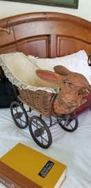Antique Wooden & Wicker Carved Bunny Head Doll Carriage 