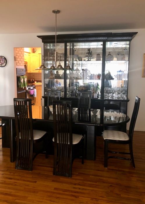 Vintage black lacquer Dining room set with table, six chairs & china cabinet