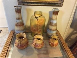 Pottery, Glass Top Bamboo Style End Table