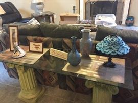 Glass Top Entranceway/Sofa Table with Roman Style Base, Assorted Household Décor