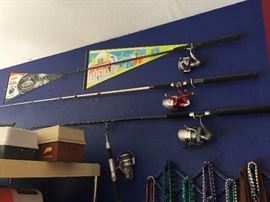 Fishing Poles, Assorted Fishing Items, Memorabilia Banners