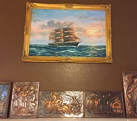 Oil on Canvas Ambros, Art Deco Copper Repousse Hammered Wall Plaques