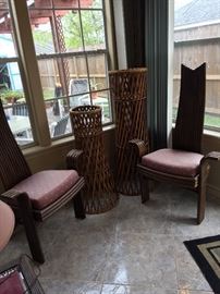 Rattan Basket Style Side Chairs, End Table, Mid Century Rattan Plant Holders