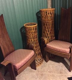 Rattan Basket Style Side Chairs, End Table, Mid Century Rattan Plant Holders