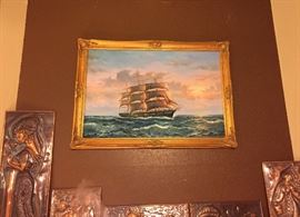 Oil on Canvas Ambros, Art Deco Copper Repousse Hammered Wall Plaques