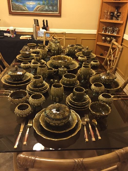 Thai Celadon Dinnerware, Please Note the Dining Table & Chairs are Family Member Items, Siam Thailand Bronze Flatware