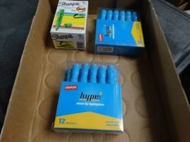 3 Boxes of highlighters 2 blue 1 green.