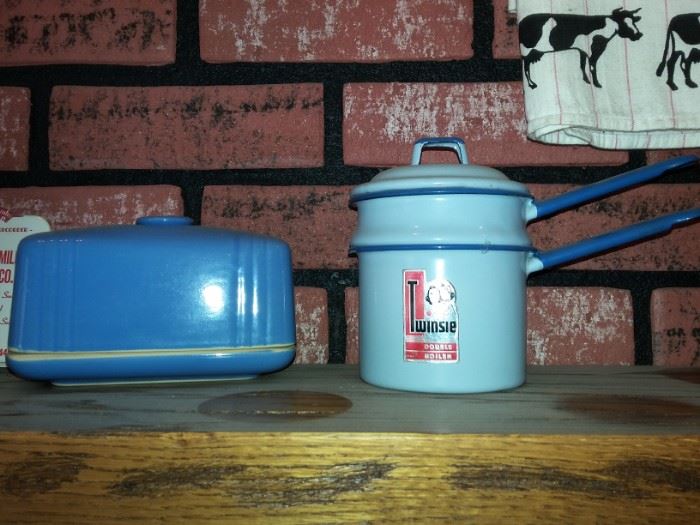 refrigerator butter, vintage mint Twinsie child's double boiler with original sticker