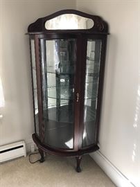 Cherry Wood Lighted Corner Curio Cabinet w/ Glass Shelving & Bowed Glass Door